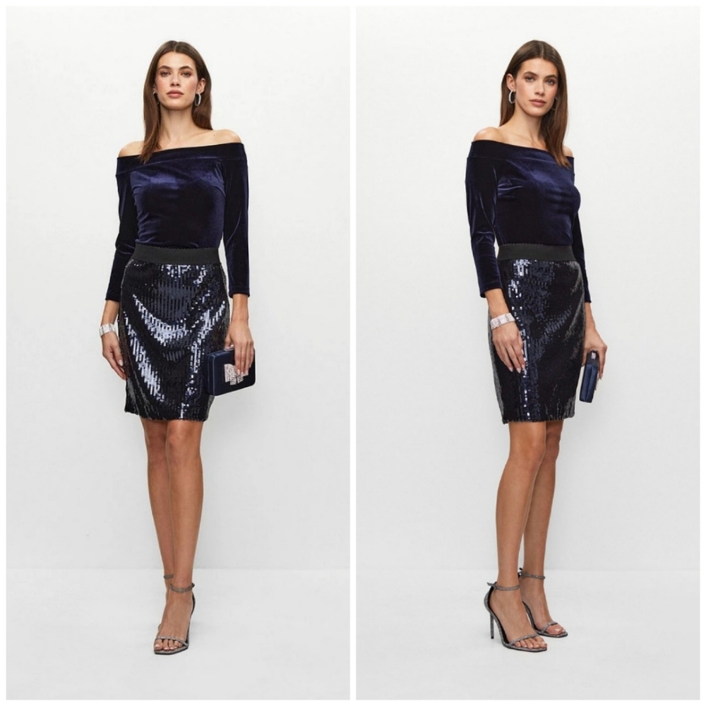 Sequin Plus Size 14 Dark Blue Pull-On Pensil Dressy Party Holiday Skirt
